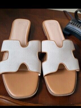 Neutral White and Tan Slide Sandals - Women